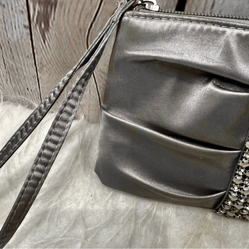RSVP Charming Charlie Clutch Purse Silver Satin Rhinestone Pearl Wristlet Glam